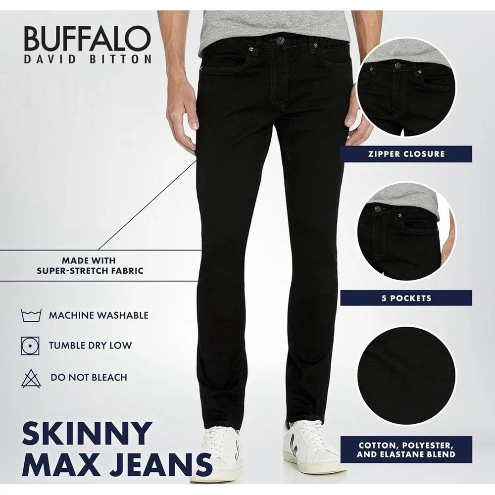 Buffalo David Bitton Skinny Max 33X32 Black Midnight Wax Classic Cowboy Jeans
